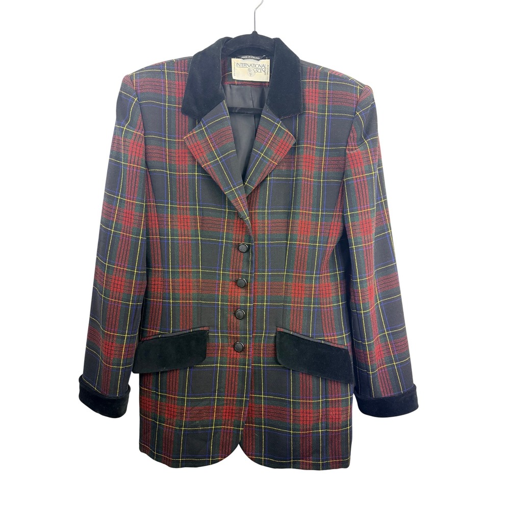 Vintage International Scene Plaid Blazer Velvet Collar Pockets Women's Size 5/6